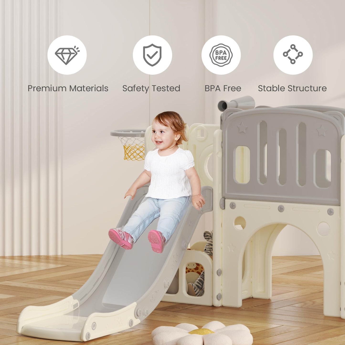 hoopyosms Kids Slide with Climbing Frame, Basketball Hoop and Tunnel, Indoor Plastic Slide Set for Kids, Montessori Toy for Playground, Grey