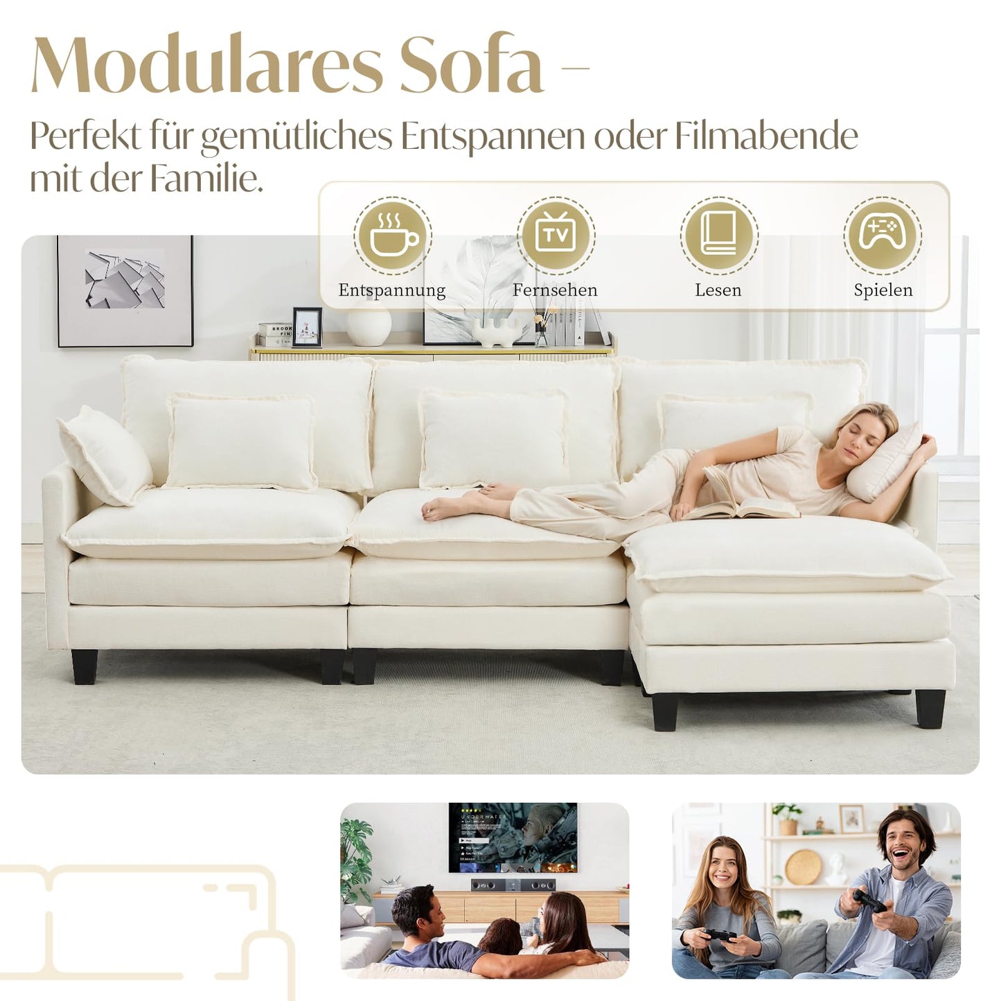 Modular Sofa with Sleep Function, Chenille Corner Sofa, Small with Thick Padding, Sofa L Shape Set with Couch Cushion, Comfortable Armchair, Living Room Couch with Stool, Chaise Lounge (Dark Grey, 287
