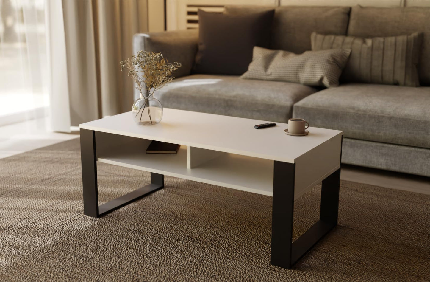 Artisan Coffee Table, Retro Loft Bench, Open Double Shelf, Skate Legs, Ideal for Coffee Get-Togethers, Laminated Top, Large Surface, Guaranteed Stability, White 3