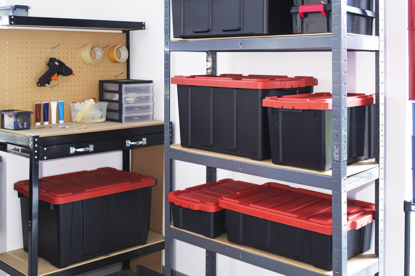 Iris Ohyama, 100L Plastic Storage Box with Heavy Duty Lid, Set of 2, Black, Stackable, Garage Shelves, Moving Moving Plastic Tool Box Storage Box UTB-27