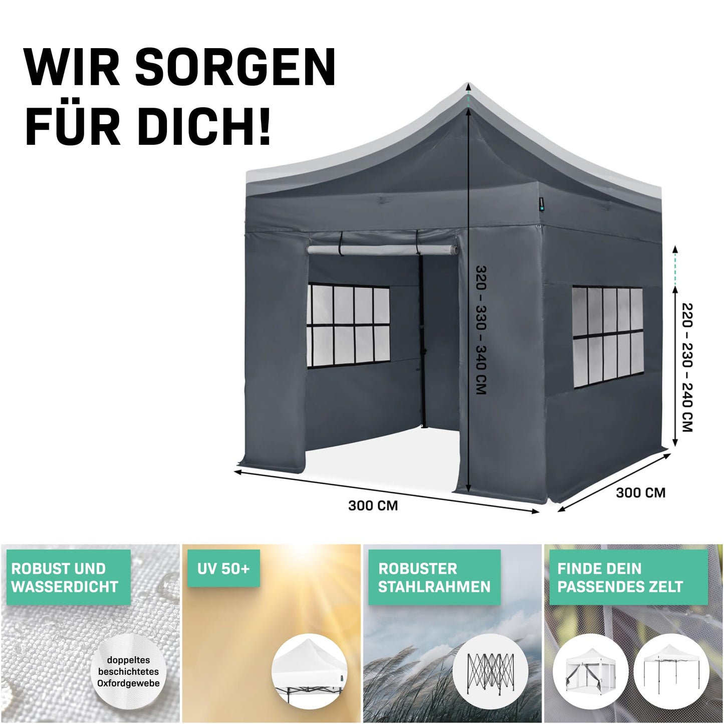 VONROC Gazebo 3 x 3 m Waterproof Stable – Party Tent EasyUp System [3Min Assembly] Pop-up Folding Gazebo Modular Expandable as Festival Tent, Garden Gazebo