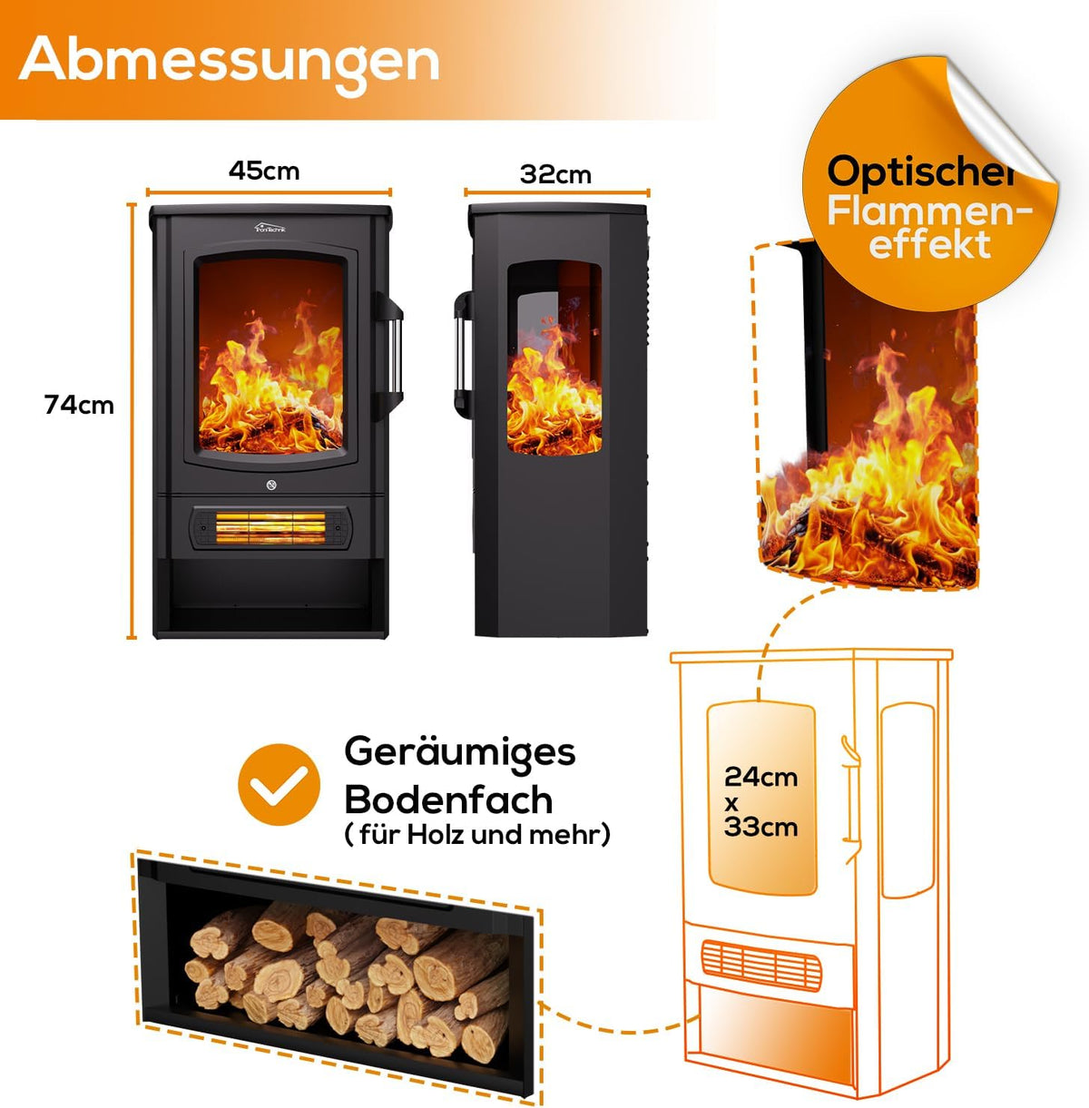 Tronitechnik® Electric Fireplace with LED Flame Effect, 1 kW/2 kW Watt Fireplace, with Thermostat Panoramic Viewing Window, Heating Function, Timer, 2 Heat Settings, with Ventilation