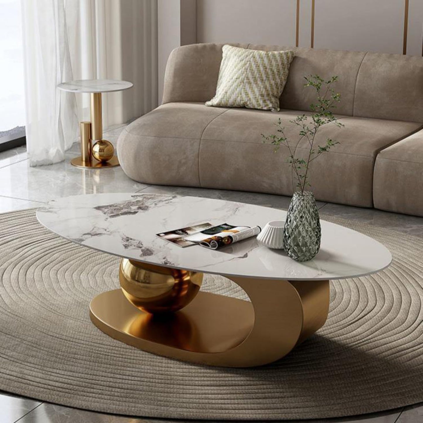 Luxury Marble Coffee Table with Golden Metal Bracket and Stone Worktop - Elegant Styling, Unique Design, Easy to Clean