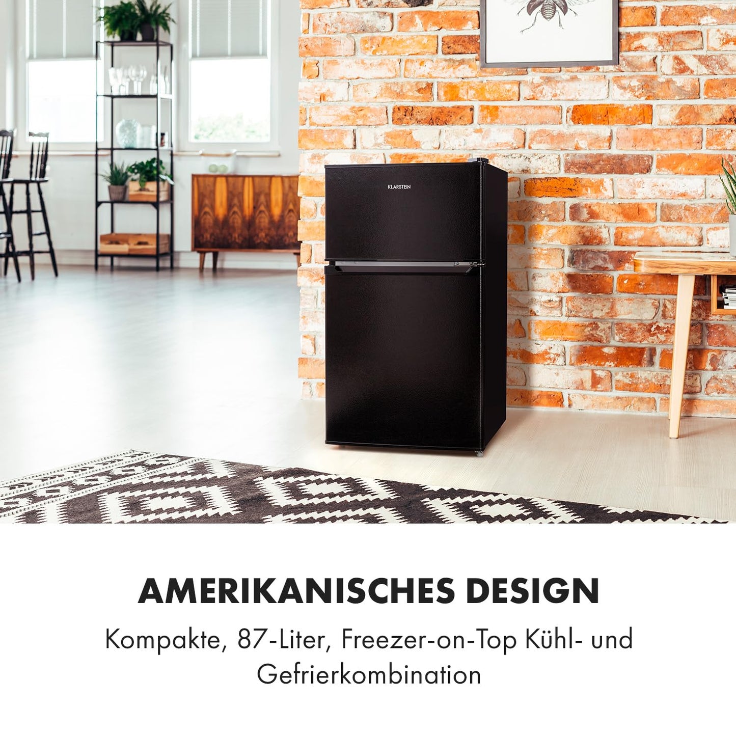 Klarstein Big Daddy Fridge with Freezer, Cool Freezer Combination, Fridge Quiet, LED, 87 Litres: Fridge with 61 L and Freezer 26 L, Black
