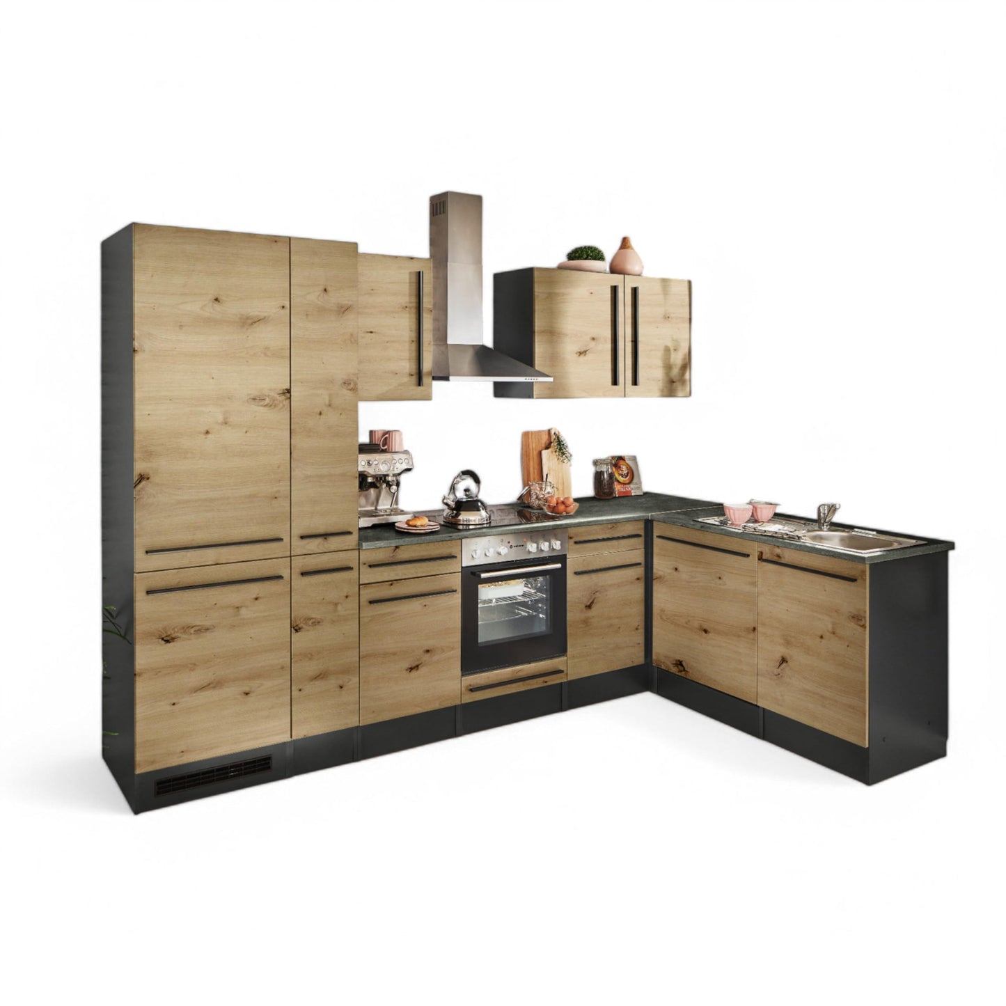 Jazz 8 Modern Corner Kitchen without Electrical Appliances in White High Gloss, Metallic Grey - Spacious Kitchen Unit in L-Shaped with Lots of Storage Space - 220 x 211 x 60 cm (W x H x D)