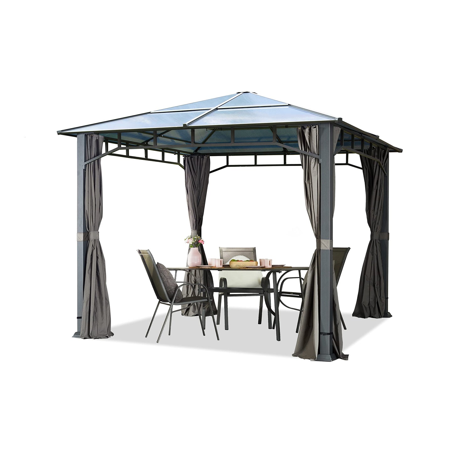 Toolport Garden Gazebo, 3 x 4 m, Waterproof, Aluminium, Deluxe, Polycarbonate Roof Approx. 8 mm, Gazebo with 4 Side Panels, Party Tent, Grey, 9 x 9 cm Profile