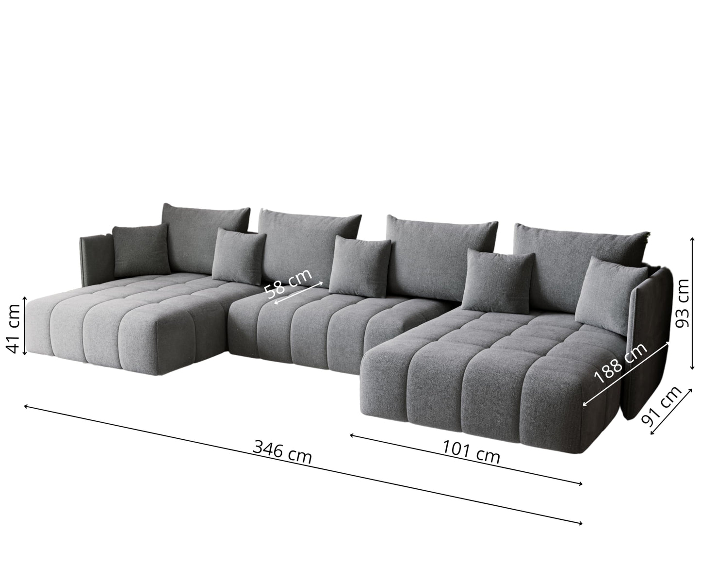U-Shape Corner Sofa Gona U with Sleep Function - Large Sofa Bed 346 × 188 cm - Sofa with Bed Box - T30 Foam - Automatic Folding Function, Easily Extendable - Monolith 97 (Graphite)