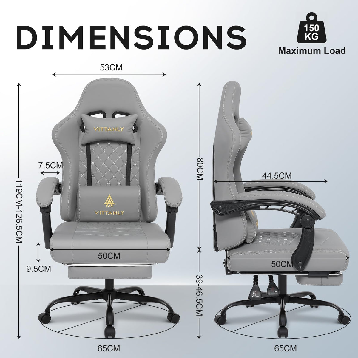 Vittanly Gaming Chair with Spring Cushion, Ergonomic Gaming Chair, Gamer Chair with Headrest, Lumbar Cushion and Footrest, Height-Adjustable Rotating Gaming Chair, Office Chair, 150 kg, Black