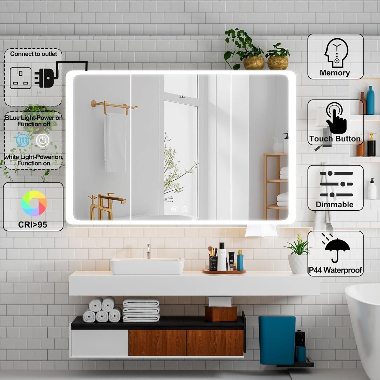 Aovquof Mirror Cabinet with Lighting - 90 x 60 cm Bathroom Mirror Cabinet with Storage Space, Bathroom Mirror Cabinet with Adjustable Dimmable LED Lights with Demist Function, Modern Cream Colour