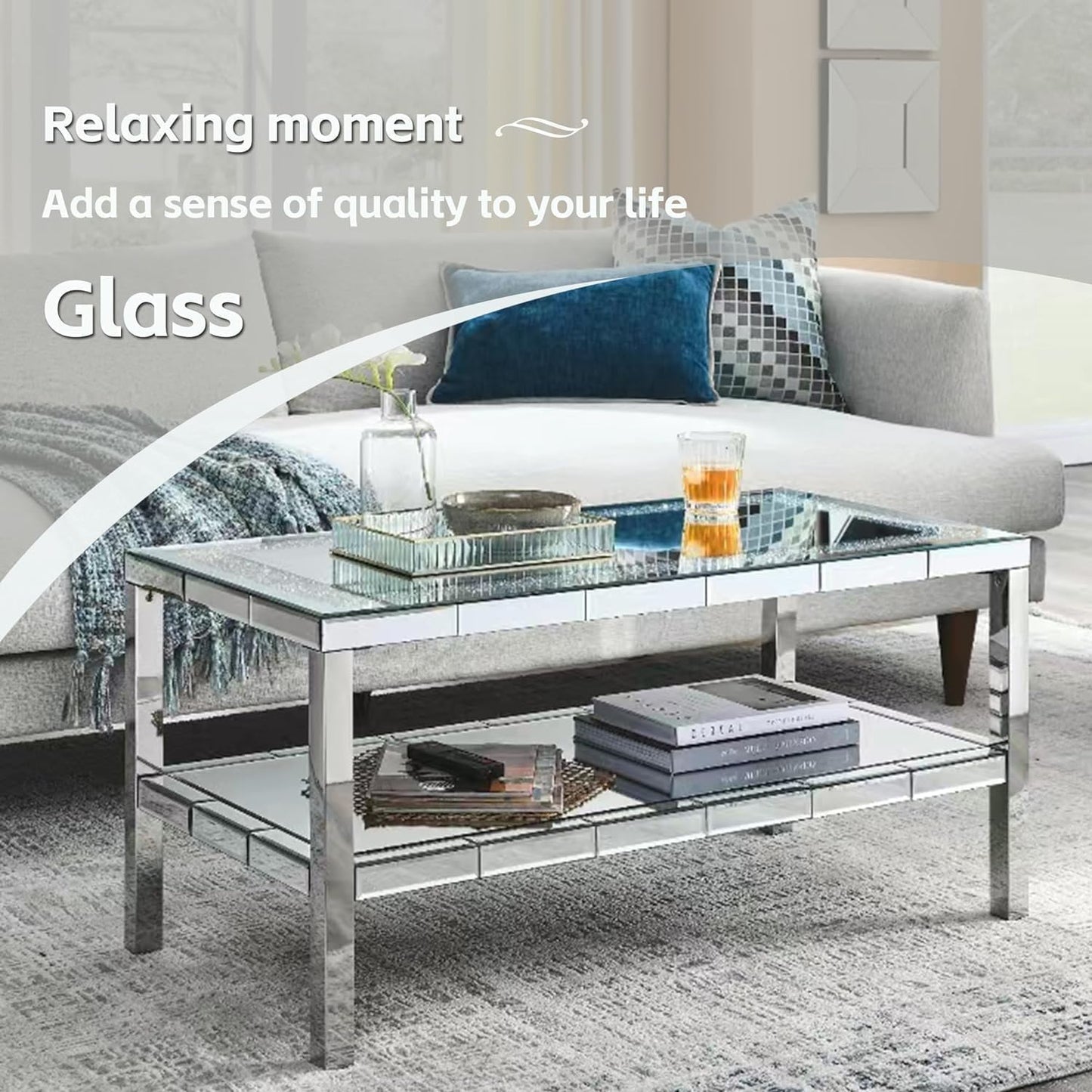 Rectangular Silver Mirrored Coffee Table for Living Room - Elegant Shiny Coffee Table with 2 Levels, Crystal Inlay and Stainless Steel Frame - Modern Cocktail Table / Side Table -
