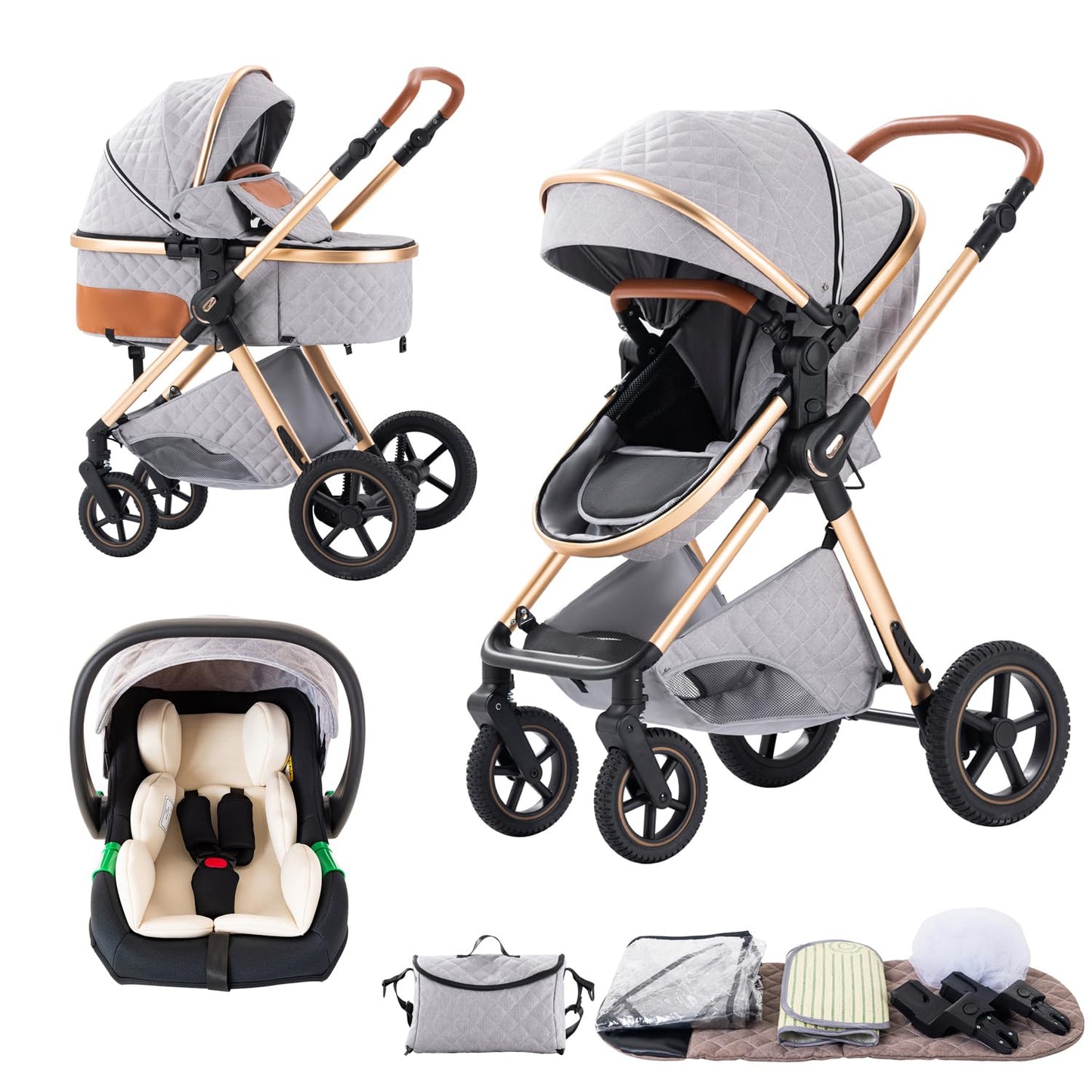 BEBBY 3-in-1 Pushchair Combination Pram Set 2-in-1 Buggy Foldable Luxury High Landscape Newborn Portable Foldable Pushchair Travel System (Black Gold, H2)