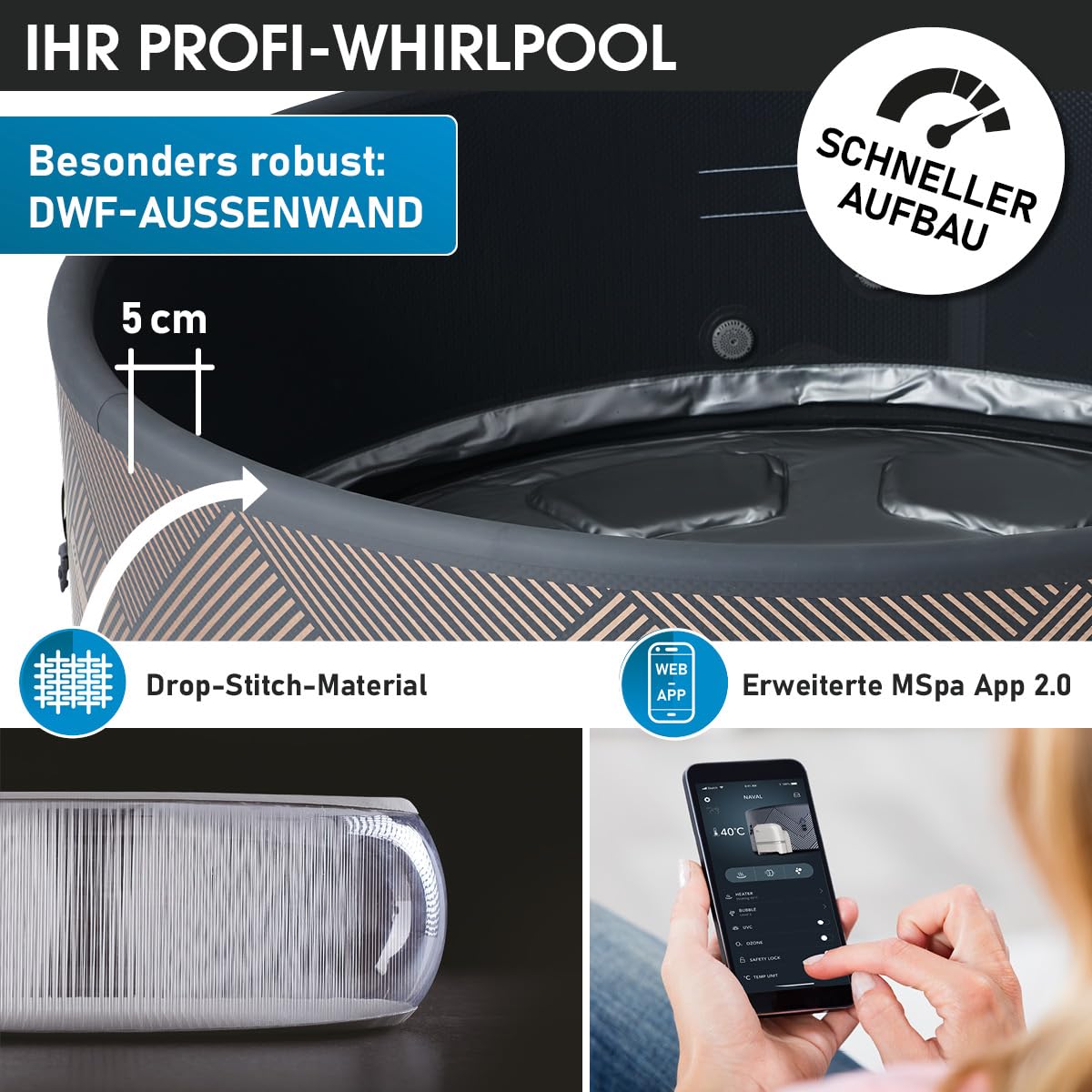 BRAST® Whirlpool aufblasbar MSpa | 4-8 Personen | viele Modelle rund und eckig | Ø 125-224cm | In- Outdoor Pool | bis zu 144 Massagedüsen | inkl. Aufblasfunktion Abdeckung Timer Heizung | Duet