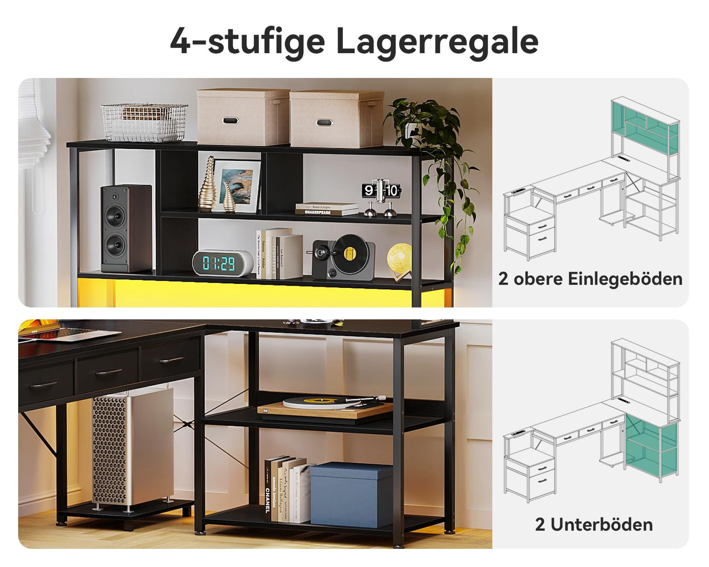 Coleshome Corner Desk with 5 Drawers and 4 Shelves, 200 x 110 cm Desk L-Shape with LED, Sockets & USB, Large Desk for Home Office, Black