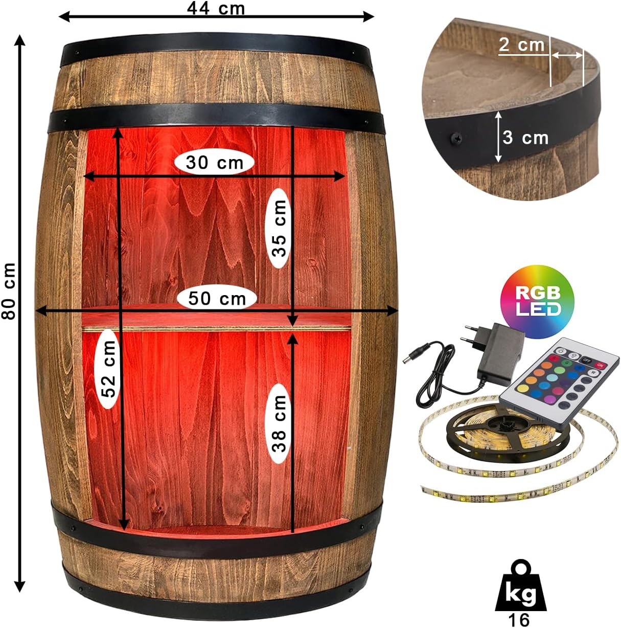 weeco Weinfass als Weinregal - Weinschrank Barschrank LED RGB Leuchten, Bar Tisch aus Holzfass, Wein Rack Flaschenständer deko Fassbier/hausbar Komodenschrank Holz Fass fur Wohnzimmer