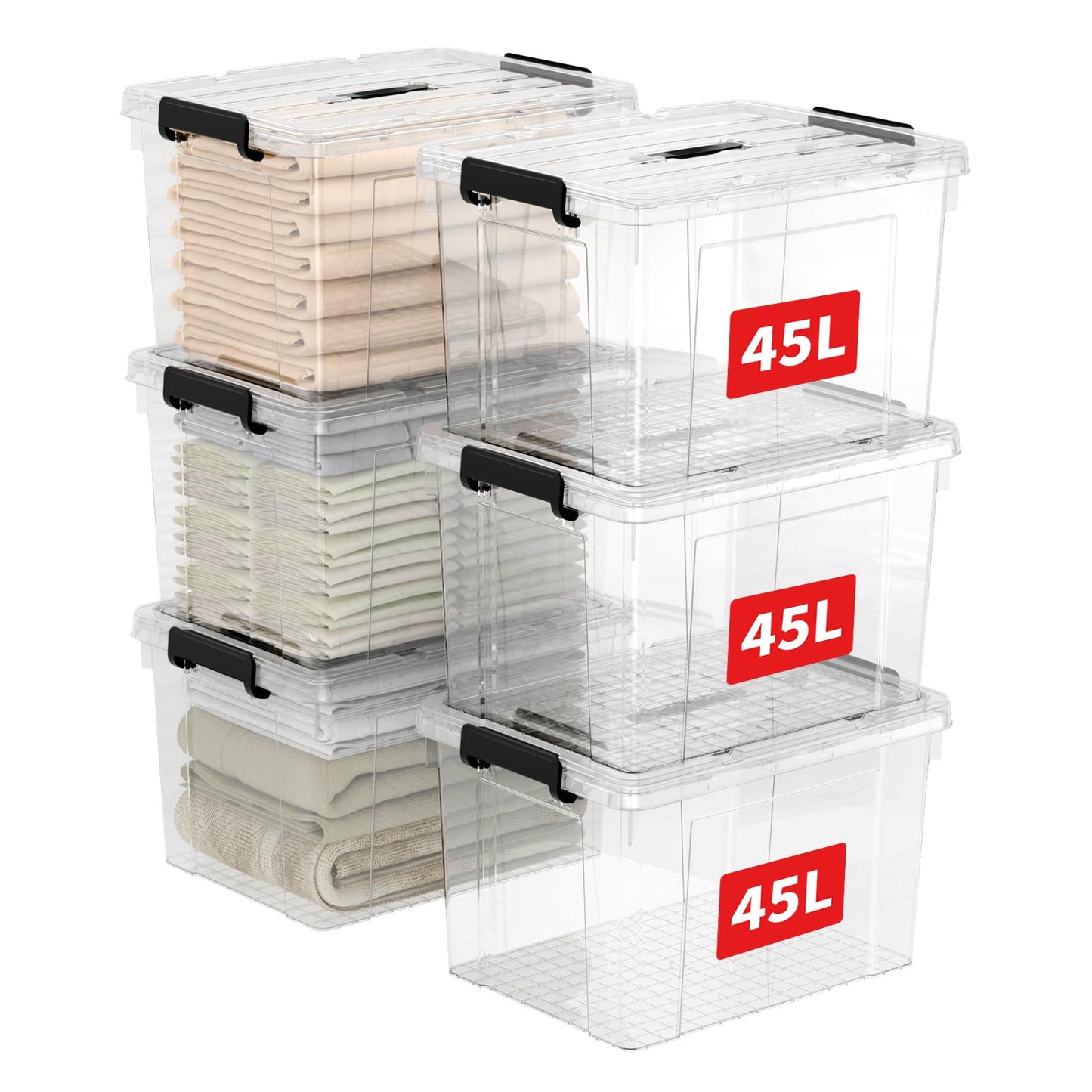 Cetomo 45 L x 3 Storage Boxes, Portable Plastic Boxes with Lids, Organiser Container with Handle and Clips, Stackable, Nestable, for Home and Office, Transparent, 45 L, Pack of 3