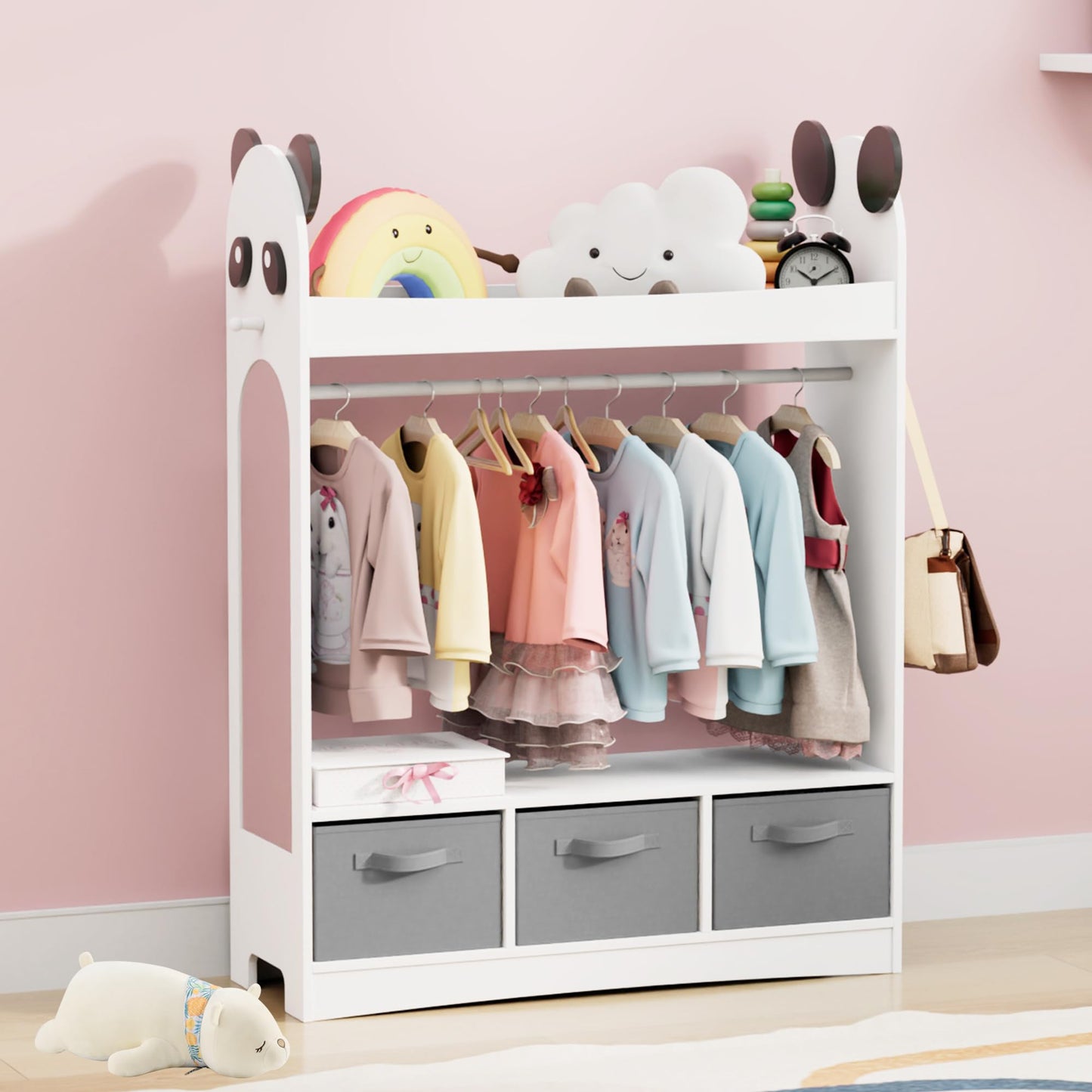 Children's Clothes Rack with Mirror, Clothes Rail with Shelves, Children's Wardrobe Wood, Children's Shelf for Children's Room, 81 x 28 x 106.5 cm (Clouds with 2 Drawers, White)