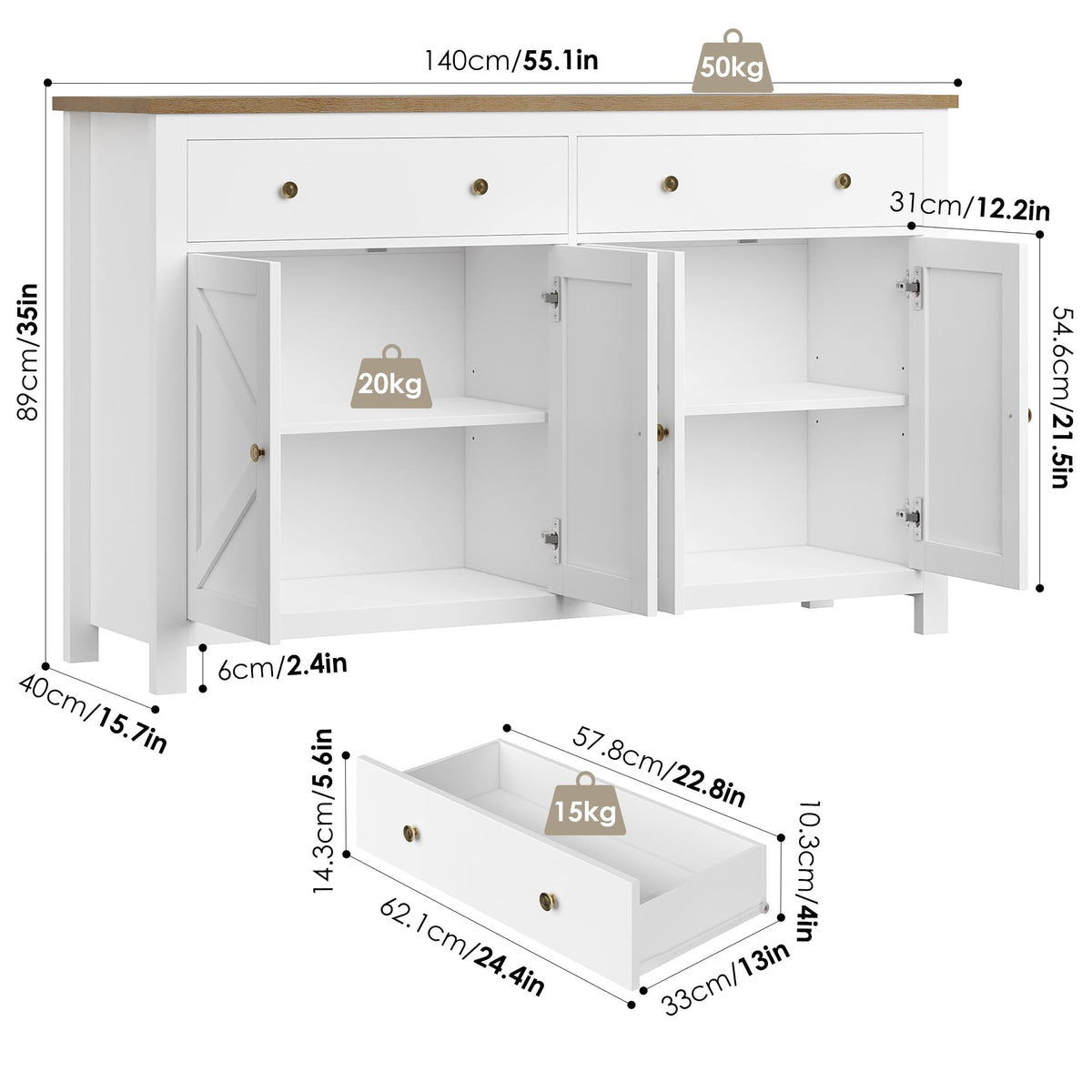 FirFurd Sideboard 140 cm Wide Kitchen Cabinet with Worktop Buffet Cabinet with 2 Drawers 4 Doors Kitchen Buffet with Adjustable Shelves for Living Room Kitchen Dining Room 140 x 40 x 89 cm White