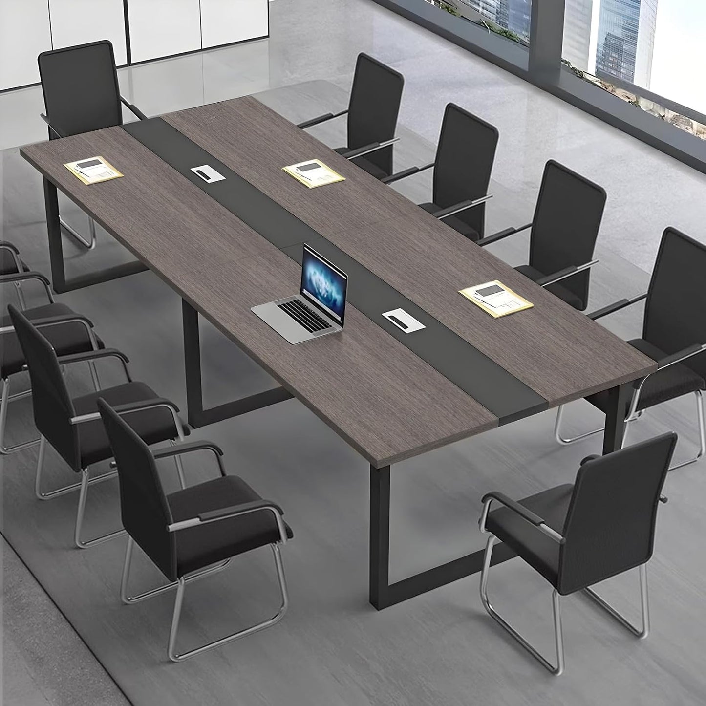 Large Conference Table, Modern Meeting Table with Cable Channel and Black Metal Frame for 8-12 People, Rectangular Seminar Table for Office, Conference Room