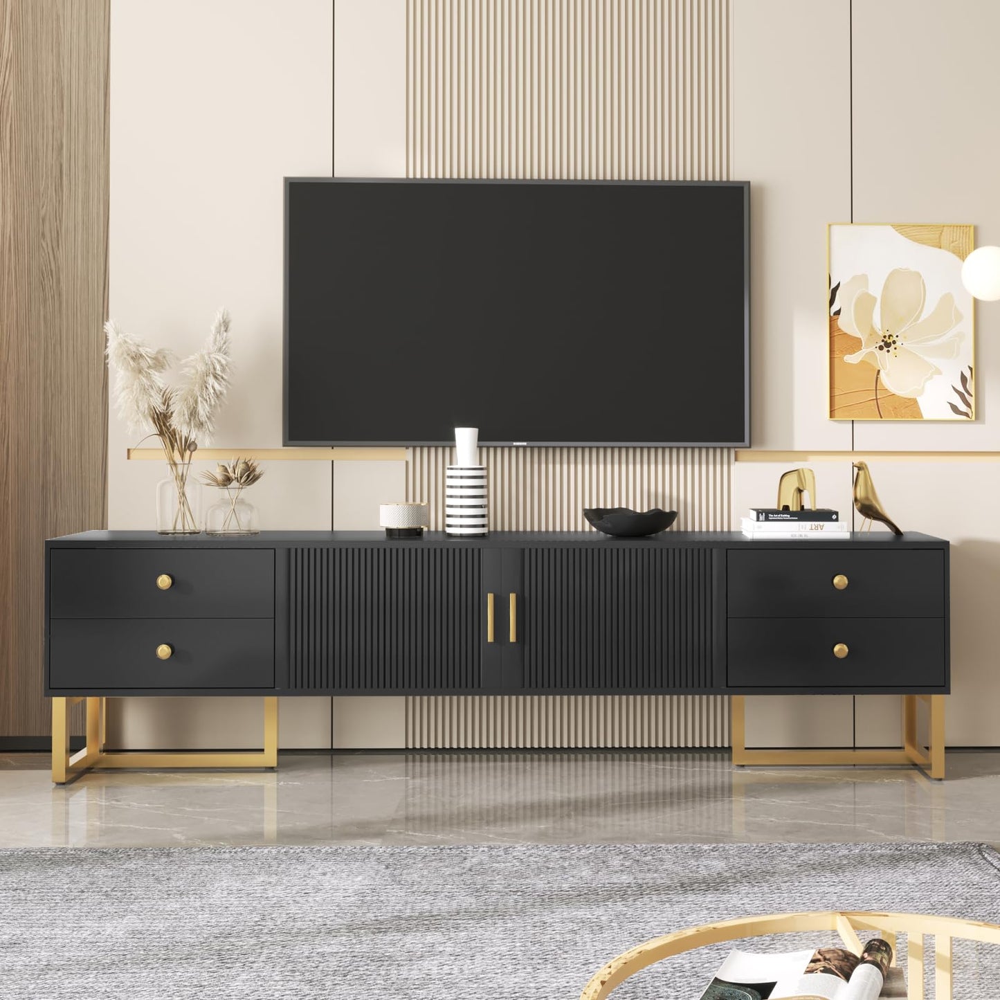 TV Cabinet with 3 Drawers, TV Table with Golden Handles and Legs, Modern TV Stand for TVs up to 75 Inches, Rounded Corners, TV Cabinet for Living Room, 174 x 35 x 41 cm, White