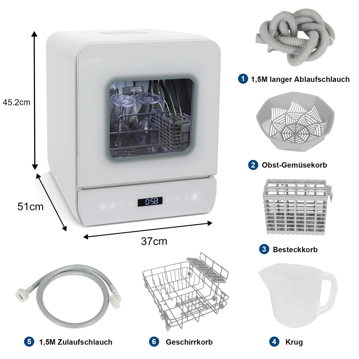 Mini Dishwasher for 3 Place Settings, Table Dishwasher with 7 Programmes with Drying Function, Can Be Used With/Without Water Connection, Dishwasher 4.8 L, Touch Control for Motorhomes, Homes