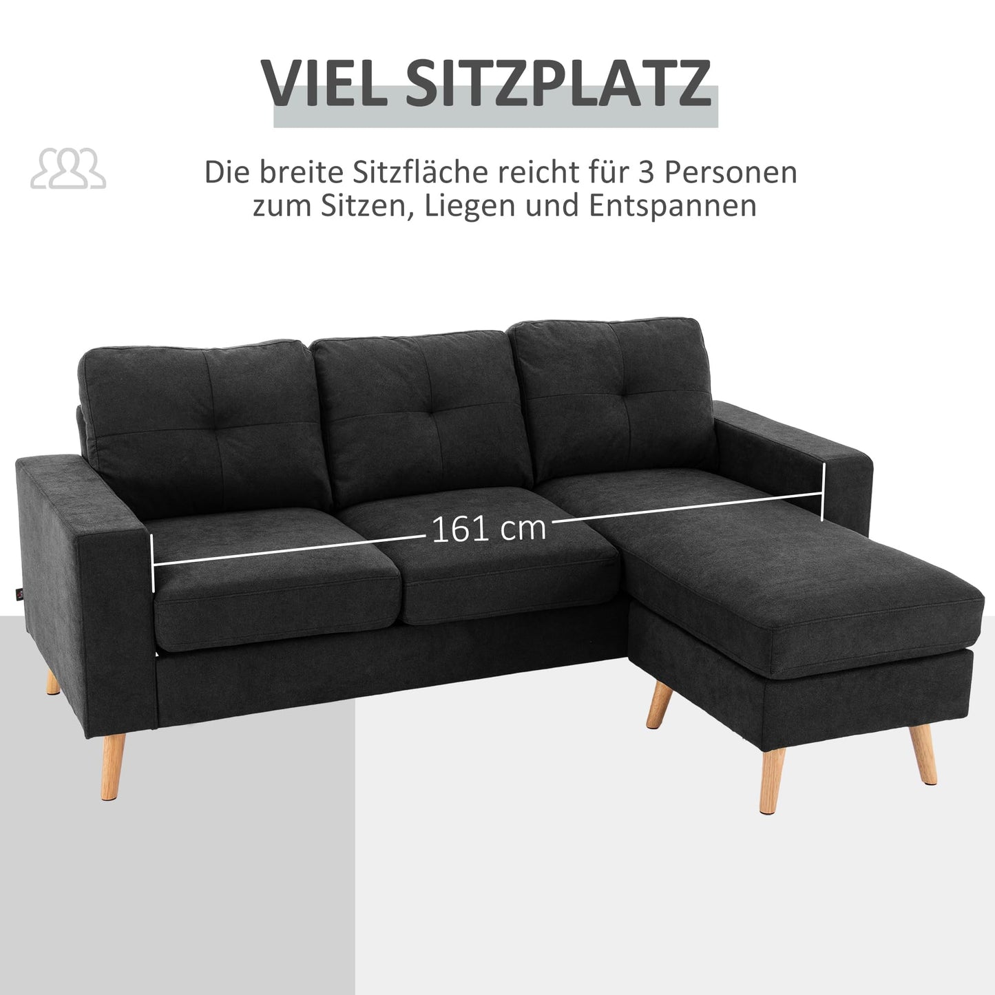 HOMCOM Corner Sofa L-Shaped Sofa with 3 Cushions, Corner Couch with Button Binding, Linen Look, Couch Living Landscape for Living Room, Bedroom, 193 x 136 x 85 cm, Black
