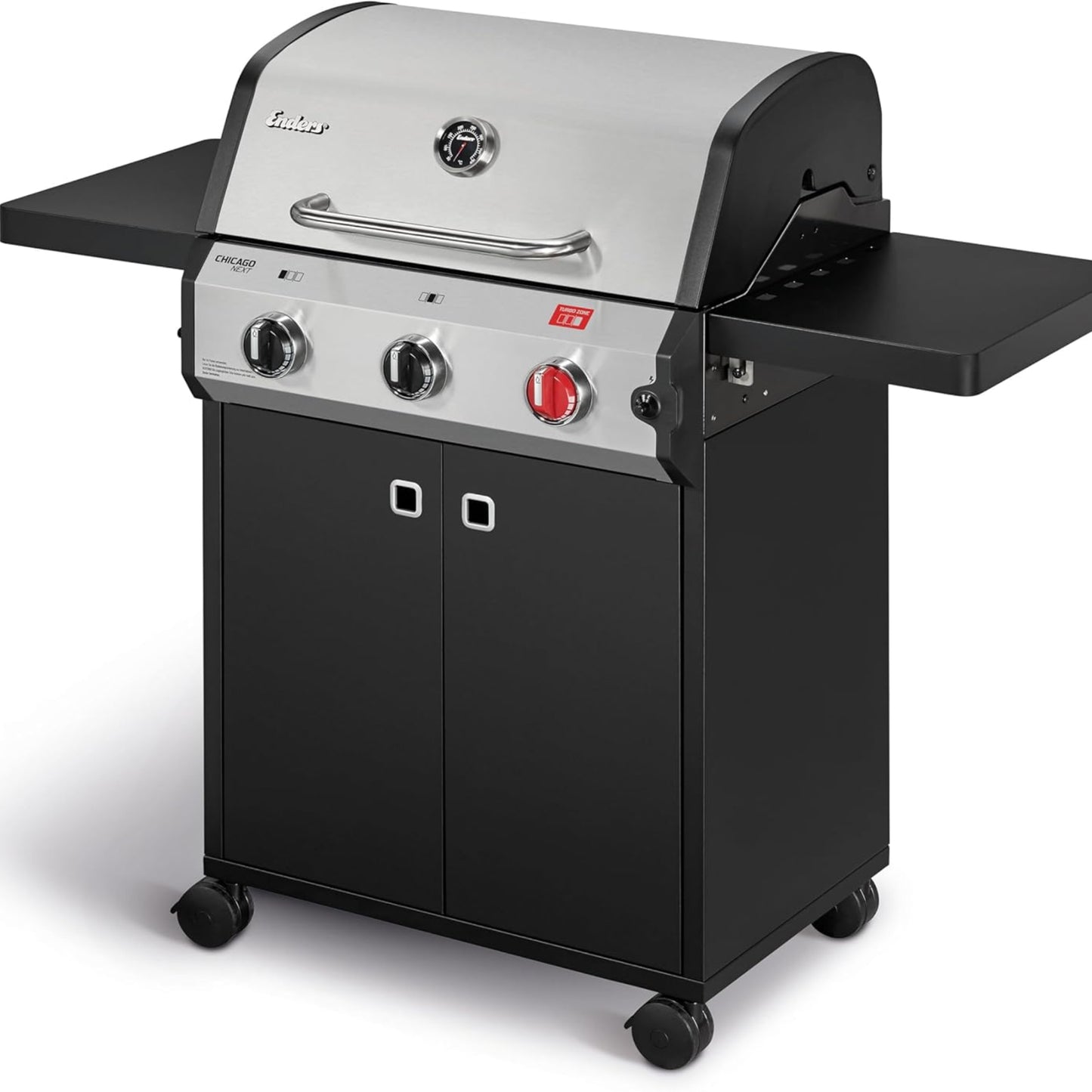 Enders Chicago Next 3 R Turbo Gas Barbecue, 3 Stainless Steel Burners, Double Walled Cooking Hood, 2 Folding Side Shelves, Integrated Thermometer, 10.6 kW Switch Grid™, 800° Turbo Zone™ #89346