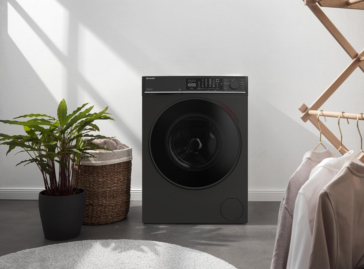 Sharp ES-WNFL914CMDA-DE Washing Machine, 9 kg, 1400 rpm, Energy Efficiency Class A (-20%), Inverter Motor, AquaStop, AquaGuard, WiFi, LED Touch, Steam Function, Black