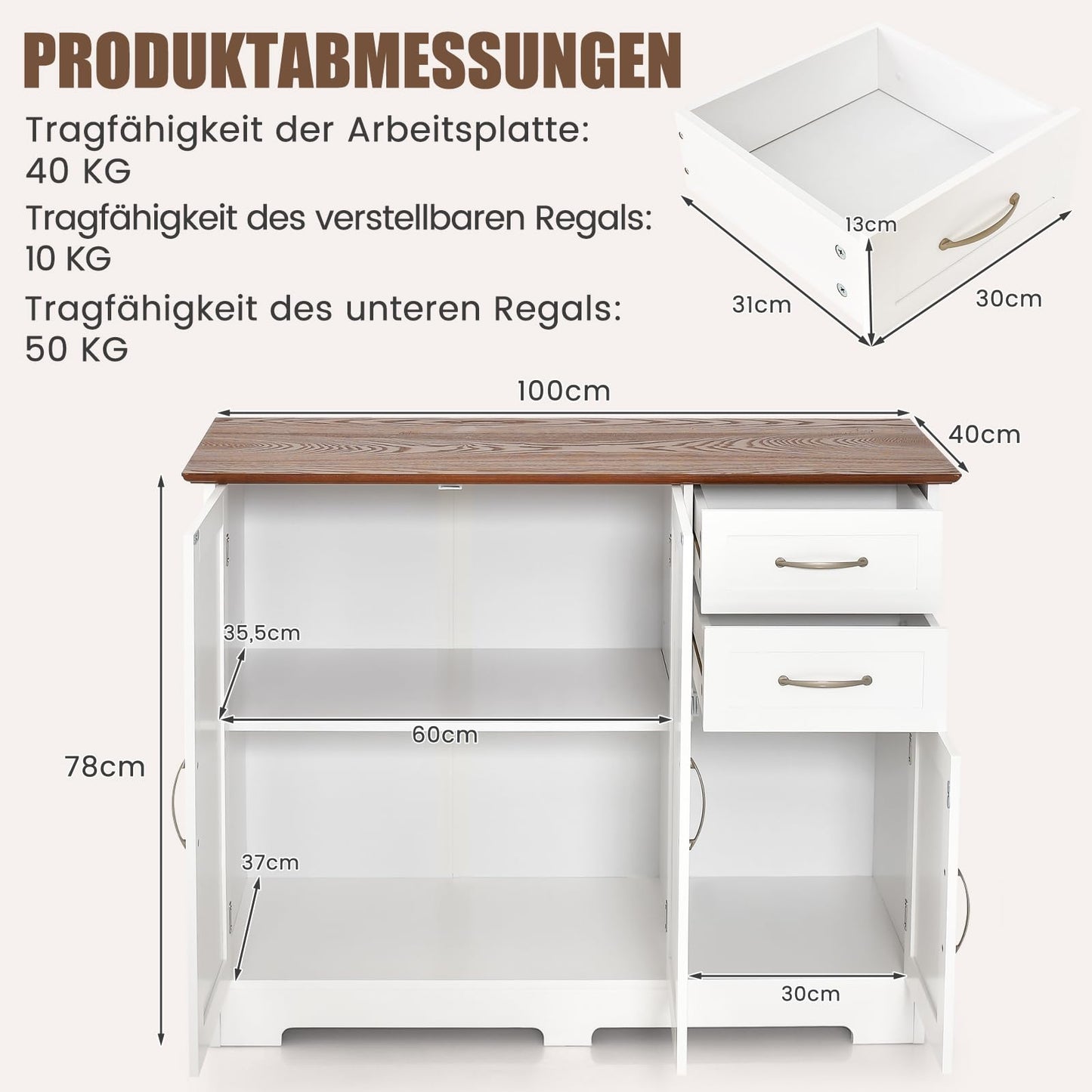 COSTWAY Sideboard, Kitchen Cabinet with Worktop 100 x 40 cm, Buffet Cabinet with Doors & Drawers & Adjustable Shelves, Kitchen Island for Kitchen, Dining Room (Black)