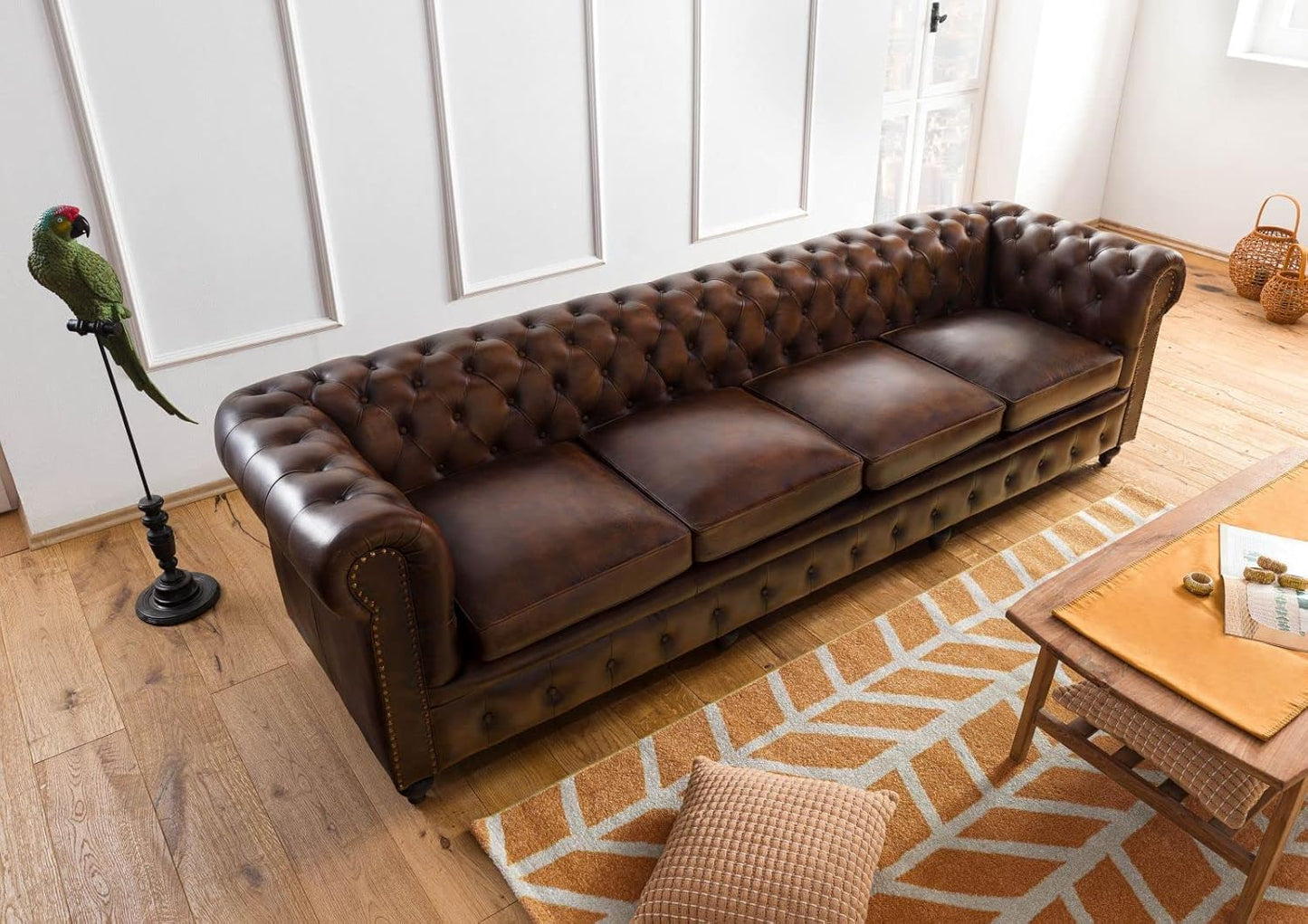 MASSIVMOEBEL24.DE Chesterfield #103 3-Seater Sofa Real Leather 218 x 82 x 76 cm Brown