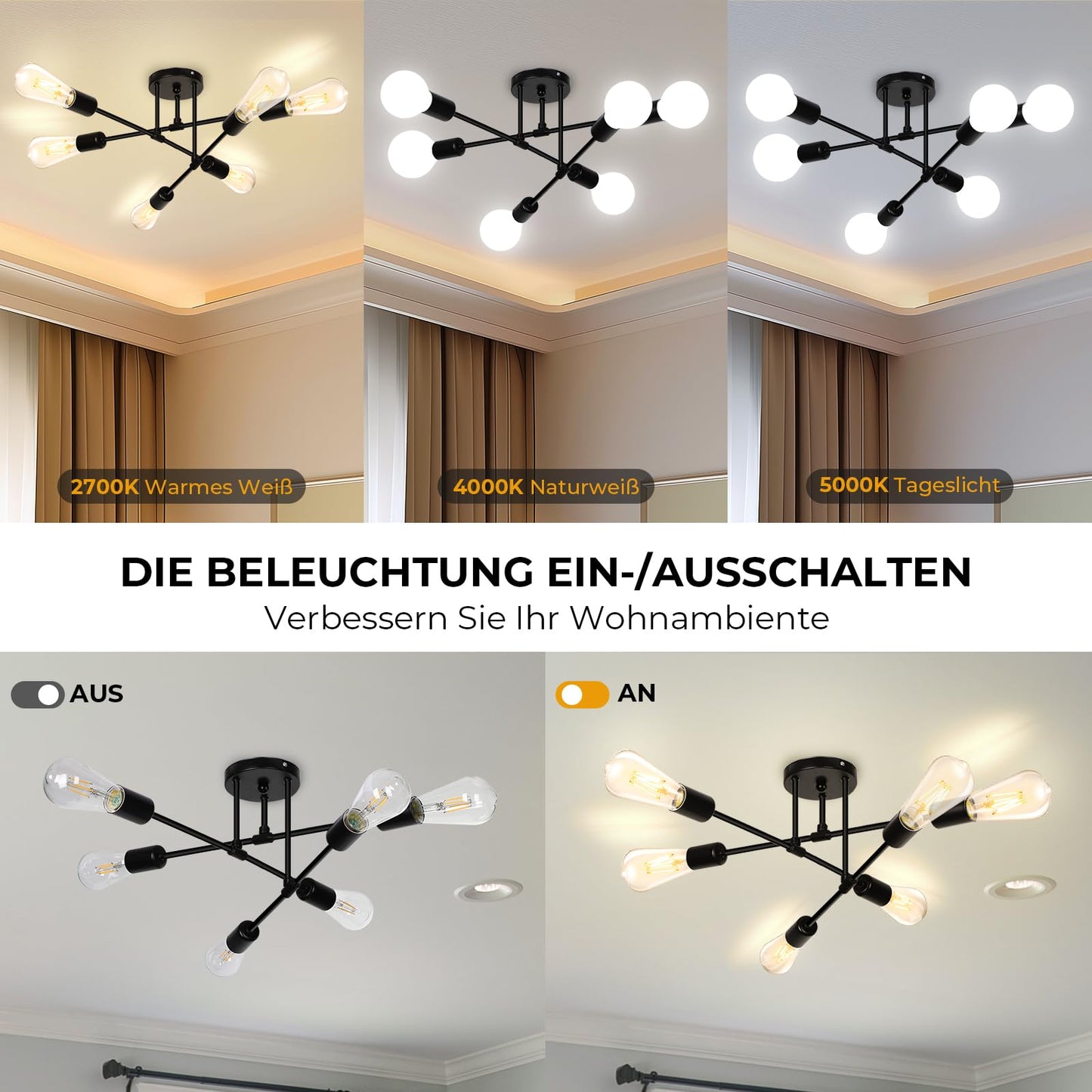 Ceiling Light Black Ceiling Light 6 Bulbs Metal E27 Sputnik Ceiling Light Vintage Industrial Lamp Ceiling Pendant Lamp Living Room Hallway Lamps for Bedroom Dining Room Kitchen