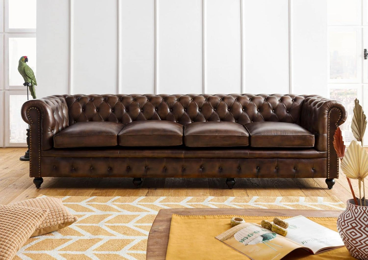 MASSIVMOEBEL24.DE Chesterfield #103 3-Seater Sofa Real Leather 218 x 82 x 76 cm Brown