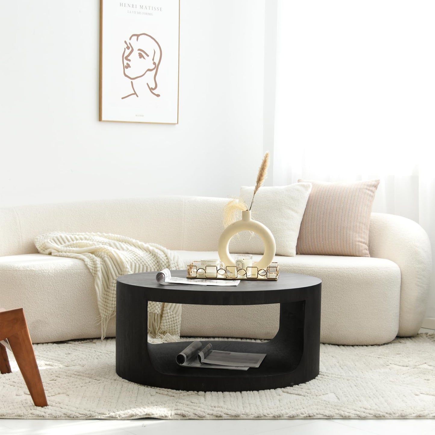 Round Wooden Coffee Table, Living Room Table with Large Storage Space, Coffee Table No Assembly Required, Modern Sofa Table for Living Room, Bedroom, Diameter 80 x 36 cm, Coffee Table (Black)
