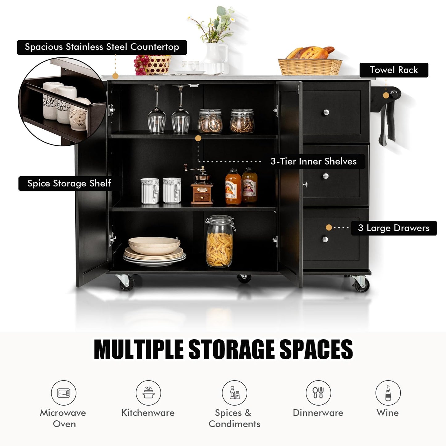 KOMFOTTEU Movable Kitchen Island with Stainless Steel Worktop, Kitchen Trolley with 3 Drawers & Towel Rail & Adjustable Shelf, Kitchen Cabinet on Wheels, Kitchen Trolley 135 x 45.5 x 91.5 cm (Black)