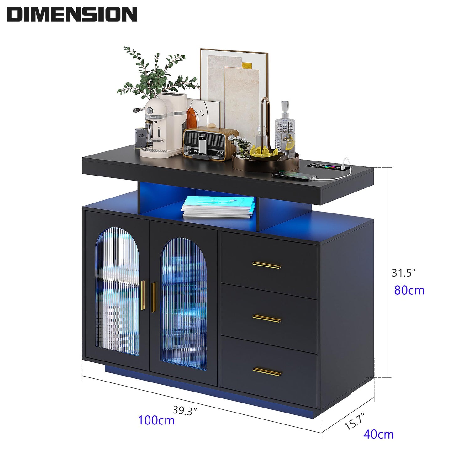 Lvifur Buffet Cabinet, Sideboard, White, Storage Cabinet with Wireless Charging Station, Automatic Sensor, RGB 20 Colours, Dimmable Sideboard, Intelligent Sensors, Chest of Drawers, Living Room, Black