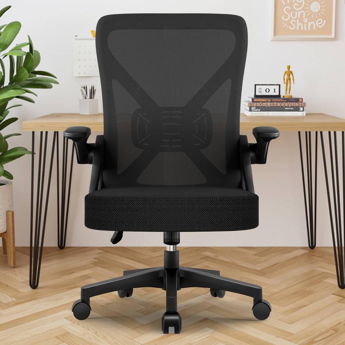 Airchros Ergonomic Office Chair, Desk Chair with Folding Armrests, Adjustable Lumbar Support, Height-Adjustable Executive Chair, Swivel Chair, Mesh Chair with Rocker Function up to 125°, Black