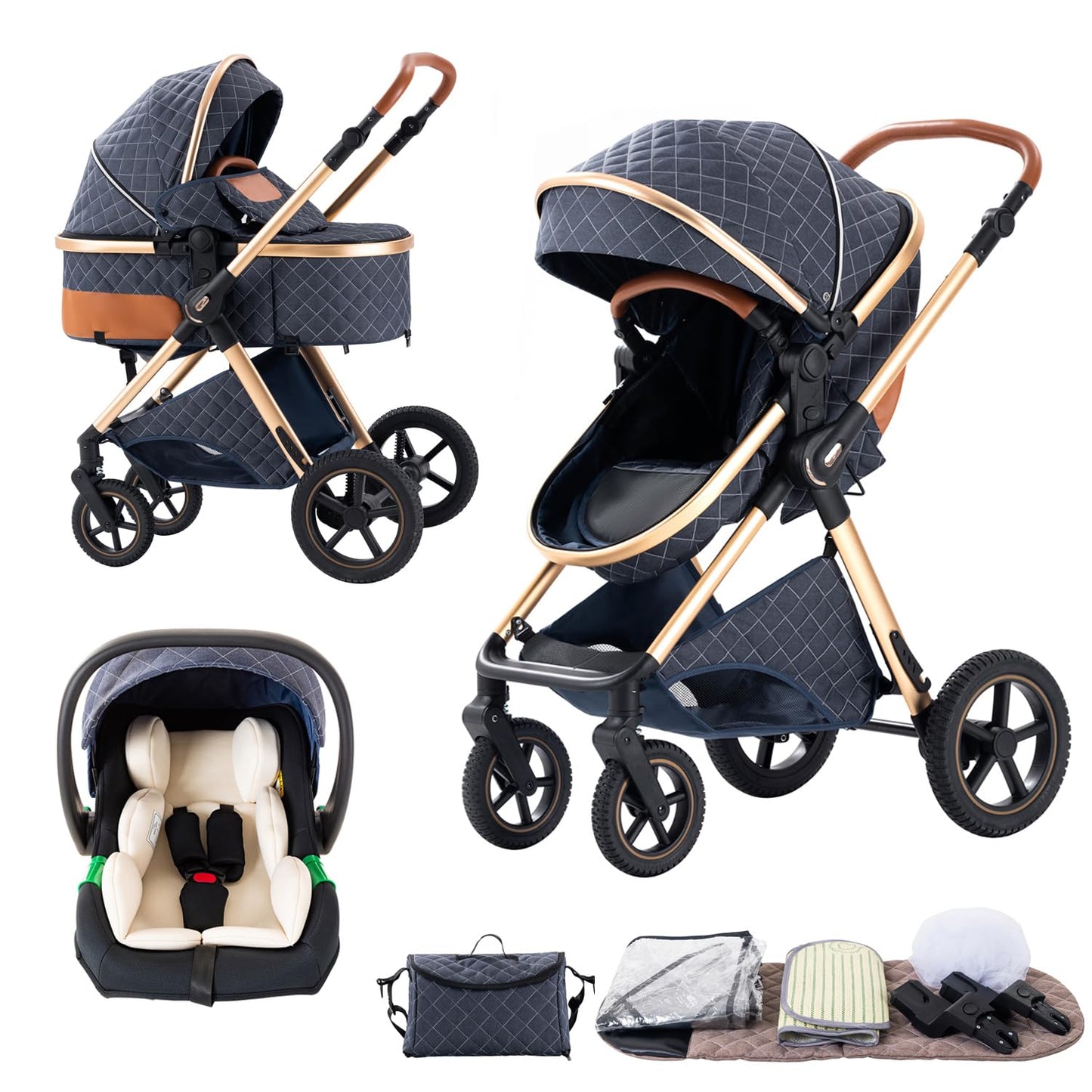 BEBBY 3-in-1 Pushchair Combination Pram Set 2-in-1 Buggy Foldable Luxury High Landscape Newborn Portable Foldable Pushchair Travel System (Black Gold, H2)