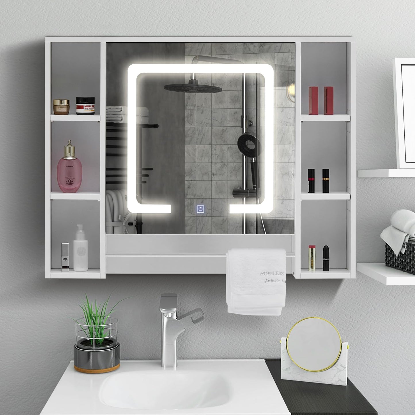 TUKAILAI Mirror Cabinet with LED Lighting, 6 Open Shelves and Adjustable Shelves, Bathroom Mirror with Touch Switch, Bathroom Mirror, Light Mirror, Wall Mirror, Bathroom Cabinet for Bathroom