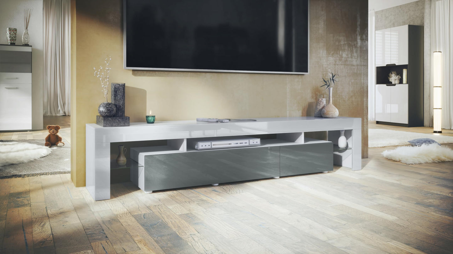 Vladon TV Stand Unit Lima V2, Carcass in White/Front in Black High Gloss