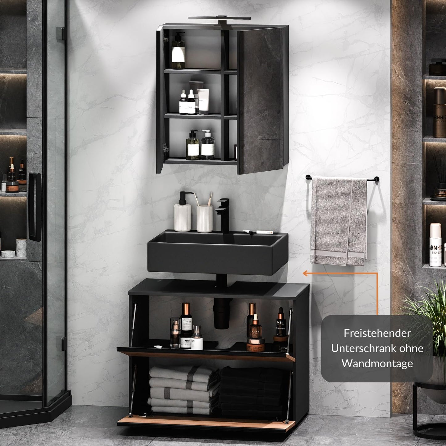 Planetmöbel EDA 80 cm Vanity Unit, Vanity Unit, Bathroom Cabinet for Guest Toilet and Bathroom, Anthracite/Gold Oak