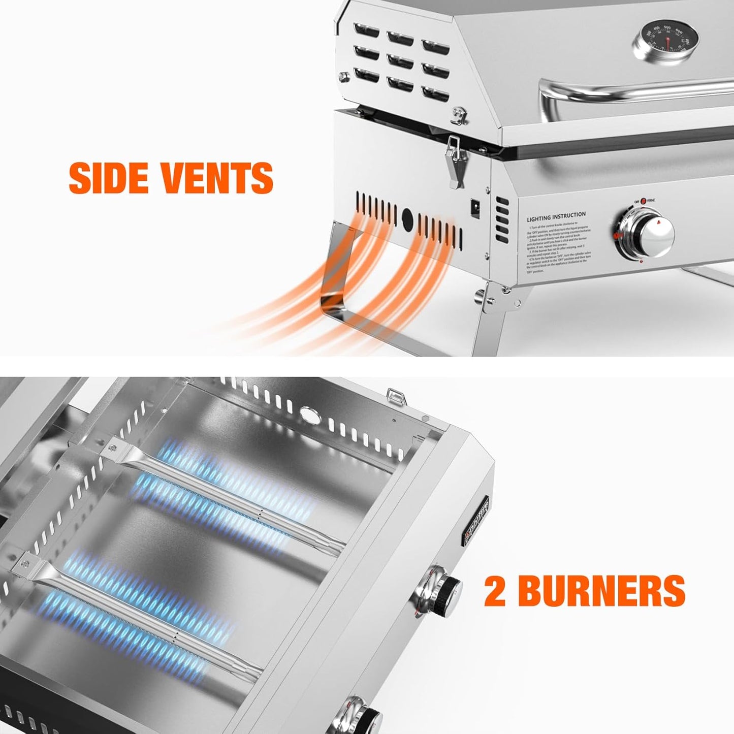 Onlyfire 2-Burner Gas Barbecue Small Stainless Steel 4.7 kW with Foldable Trolley, Side Shelves and Grill Grate, Garden Grill, Outdoor Gas Grill for Balcony Camping