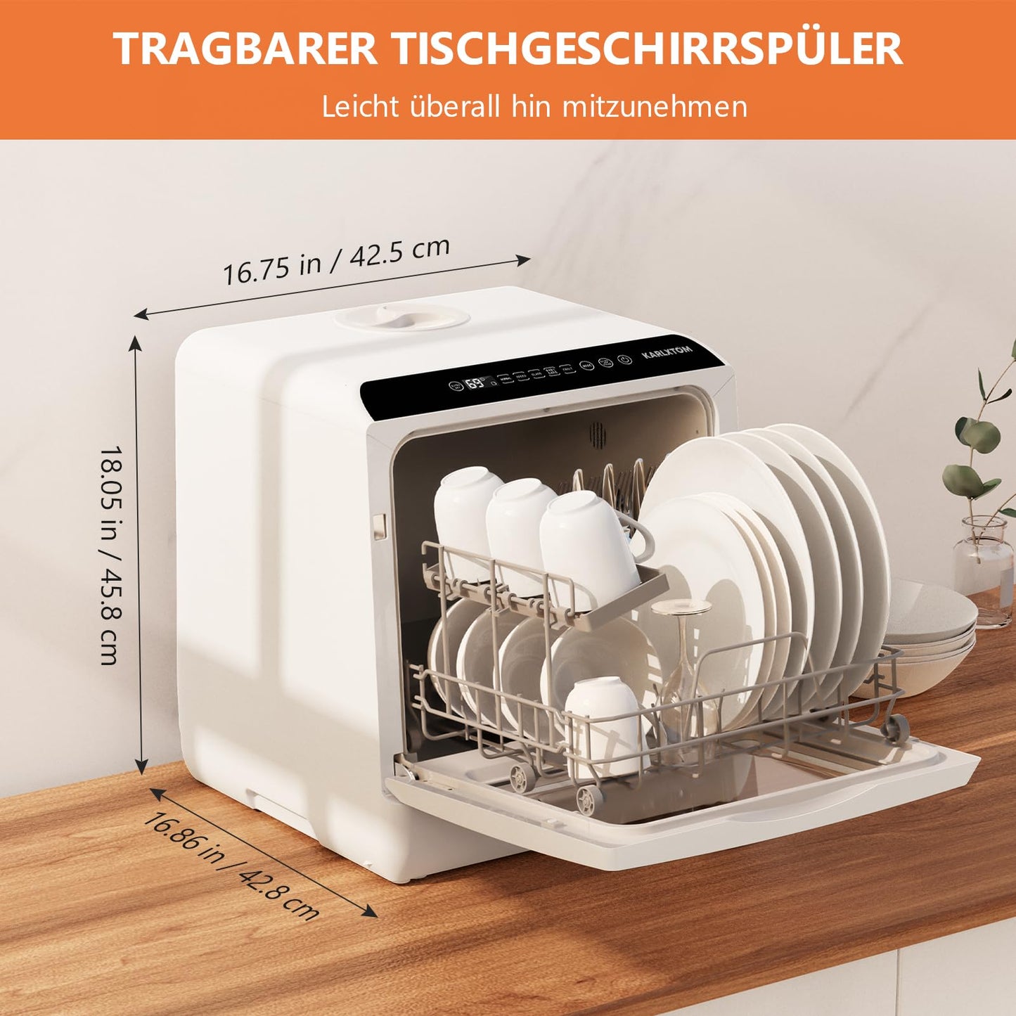 Karlxtom TDQR03A Mini Dishwasher, 6 Programmes Freestanding Table Dishwasher, Dishwasher with 2 Water Supply Modes, Car Drying, Perfect for Small Families and Couples