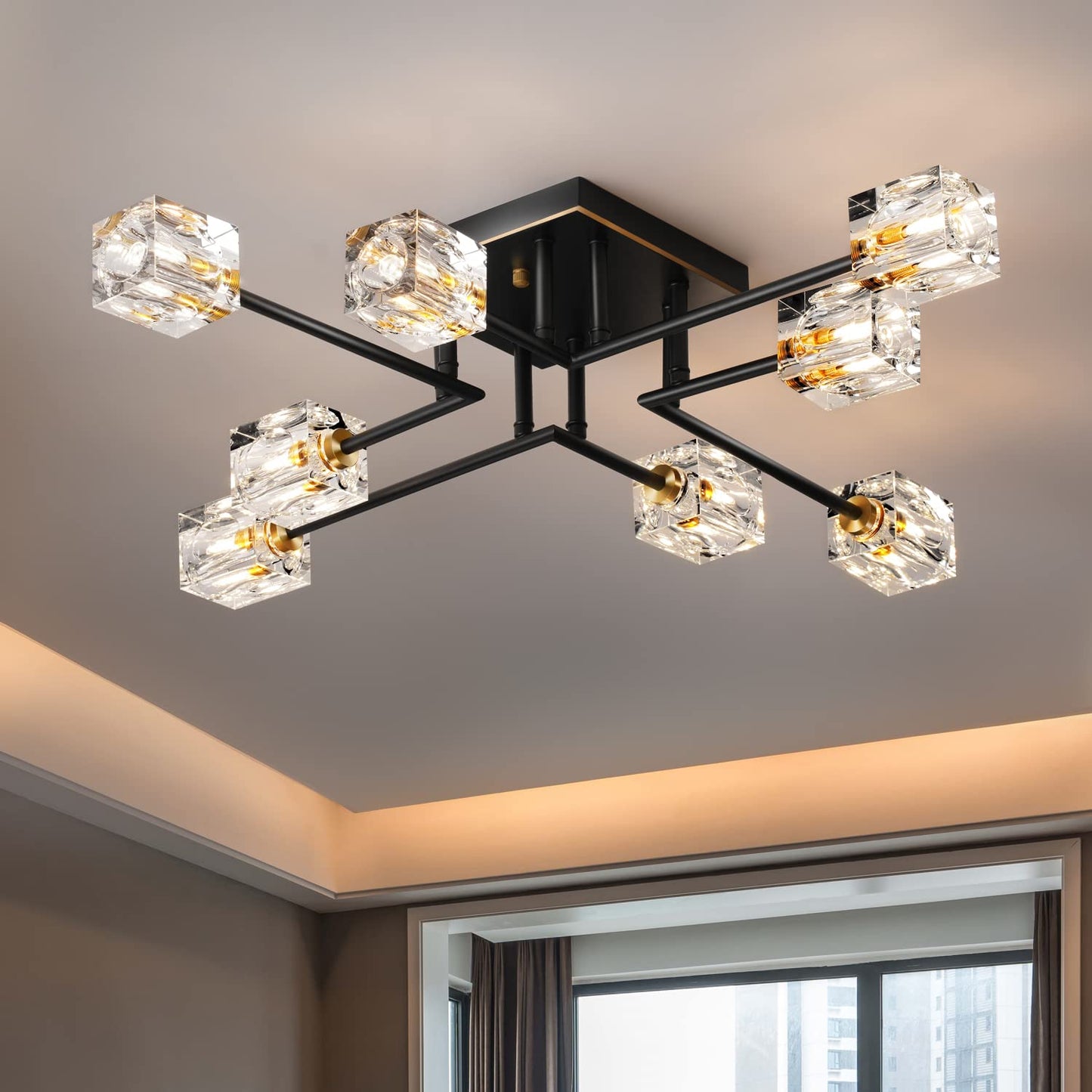 JUJUQI Moderne Kristall-Kronleuchter,Gold Hängeleuchte, K9 quadratischer Kristall Häengelampe mit 8 Lichtern,Würfel-Schirm, hängende Deckenleuchte für Esszimmer, Schlafzimmer, Wohnzimmer