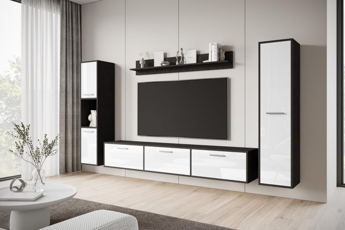 MINIO go for it - Living Room Wall Unit 4-Piece Toga, Living Room Furniture Set, 1 x TV Lowboard, 2 x Tall Cabinet, 1 x Wall Board, Living Room Furniture Complete, Living Room Set - Colour Wotan Oak