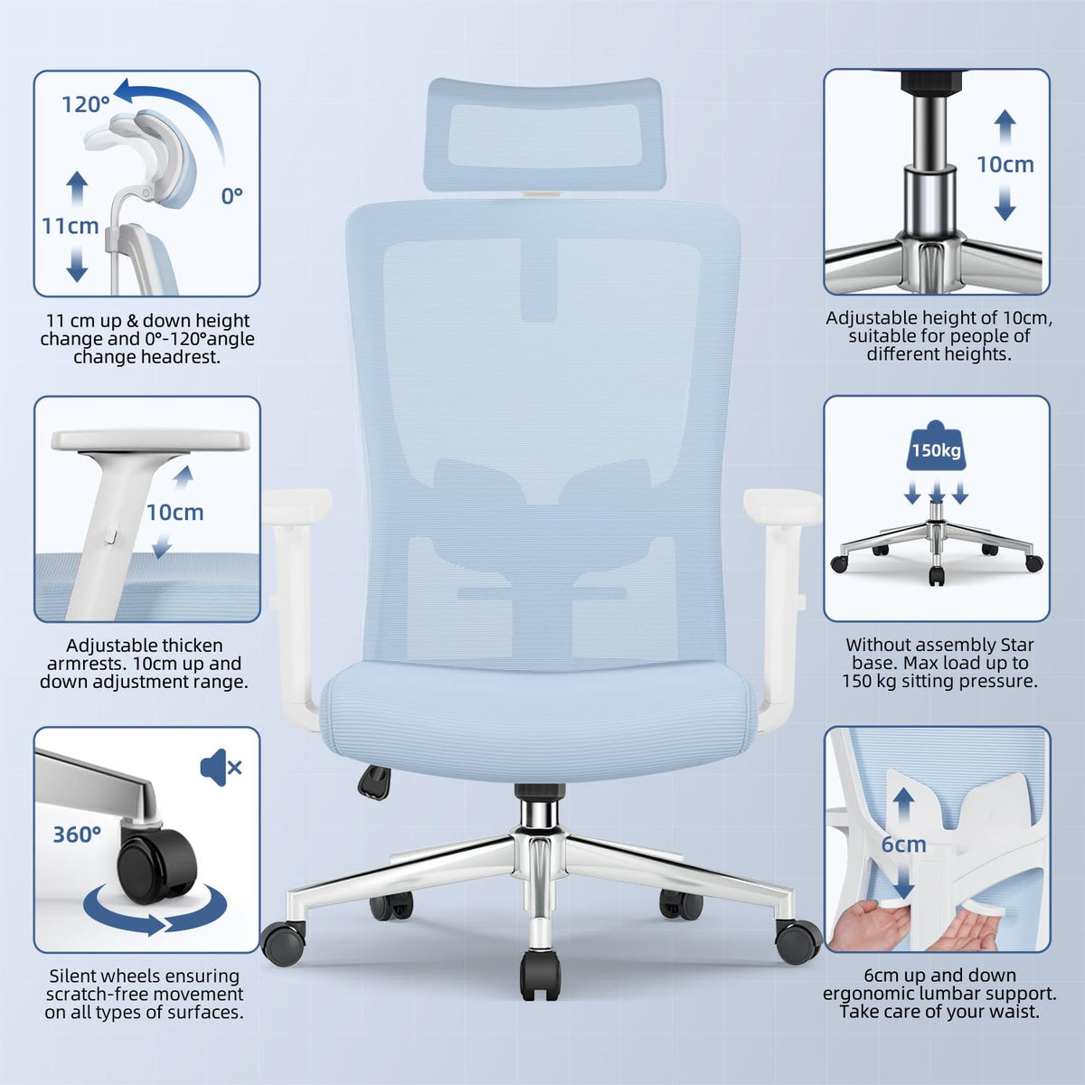 Ergonomic Office Chair with Adjustable Lumbar Support, Armrests and Headrest, Swivel Office Chair 150 kg, Desk Chair, Executive Chair, Rocker Function up to 135°