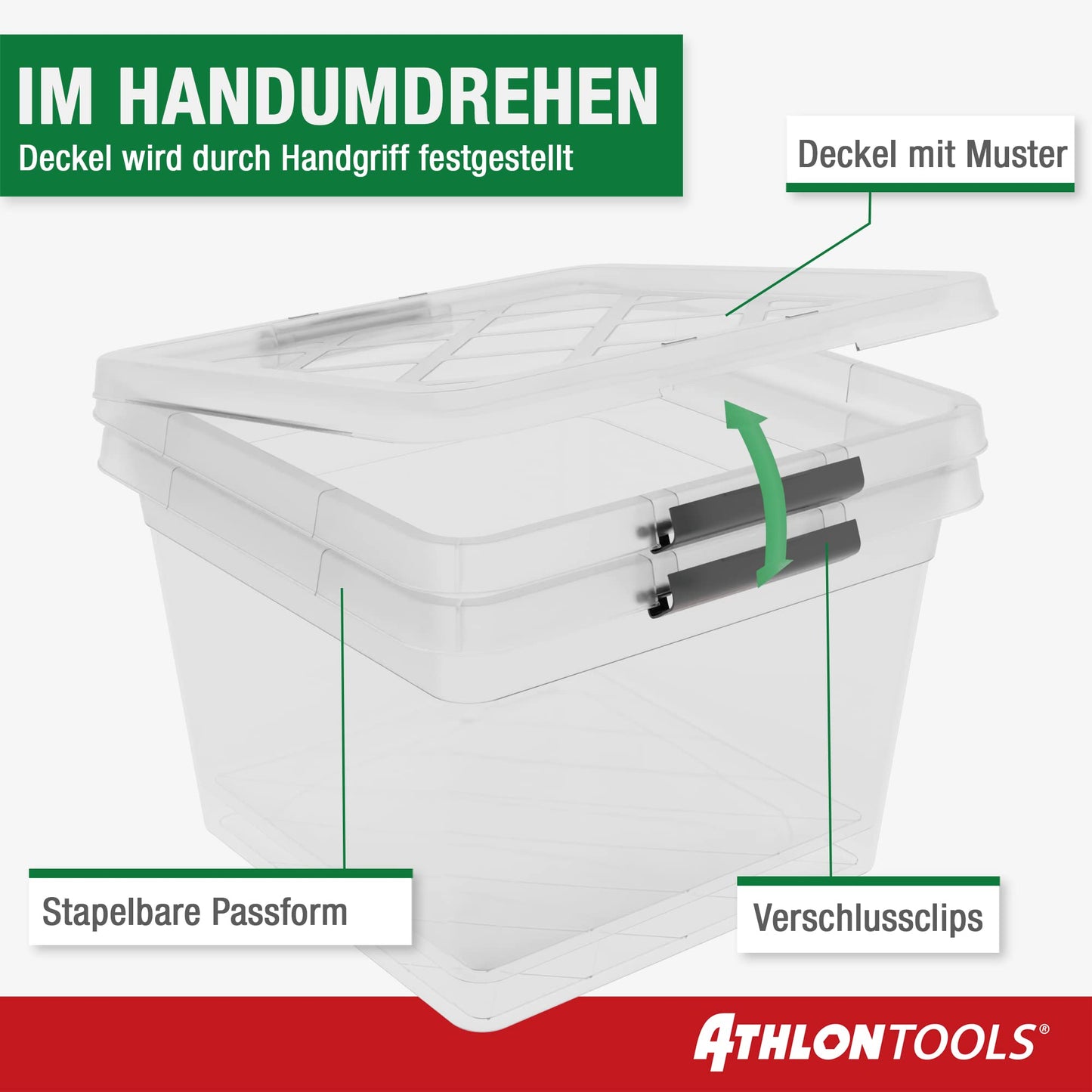 ATHLON TOOLS 4 x 60 L Storage Boxes with Lid, Food-Safe, Locking Clips, 100% New Material Plastic Box, Transparent, Clothes Boxes, Stackable