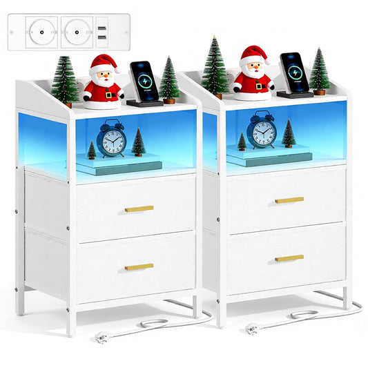 Hzuaneri Set of 2 Bedside Table with LED Lights and Charging Station, Side Table with 2 Fabric Drawers and Shelves, with USB Ports & Sockets, for Bedroom, Living Room, White NS36213W