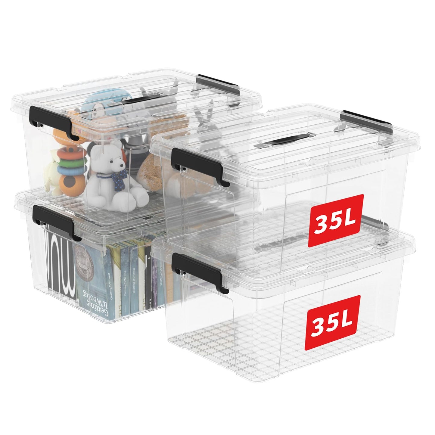 Cetomo 45 L x 3 Storage Boxes, Portable Plastic Boxes with Lids, Organiser Container with Handle and Clips, Stackable, Nestable, for Home and Office, Transparent, 45 L, Pack of 3