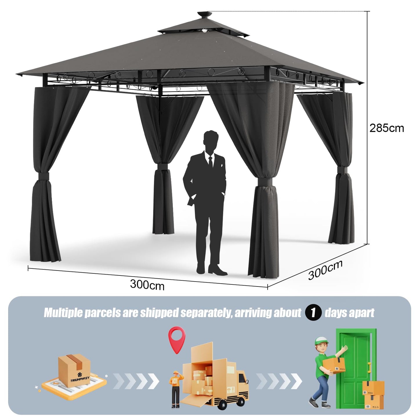 Gazebo 3 x 3 Waterproof Stable Winterproof, Garden Gazebo, Tarpaulin, Garden Gazebo, Metal Frame Gazebo, Grey