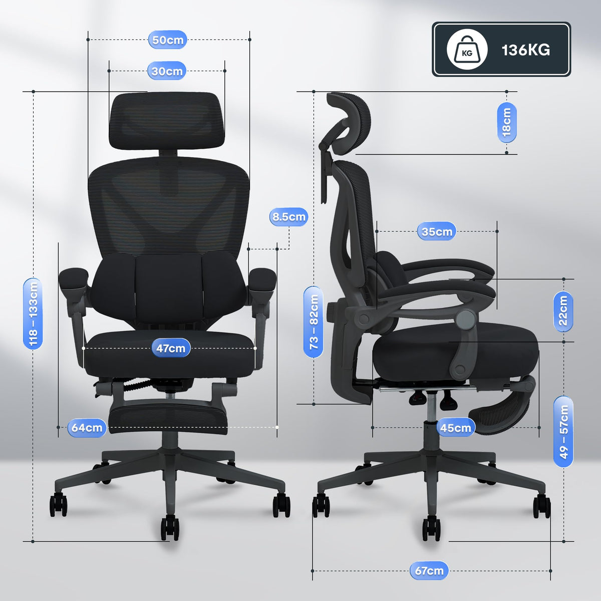 FLEXISPOT Ergonomic Office Chair, X-shaped Desk Chair with 135° Tilt, Coupled Armrests with Zoned Adjustable Lumbar Support, Swivel Chair with Footrest, 3D Headrest, White/Grey