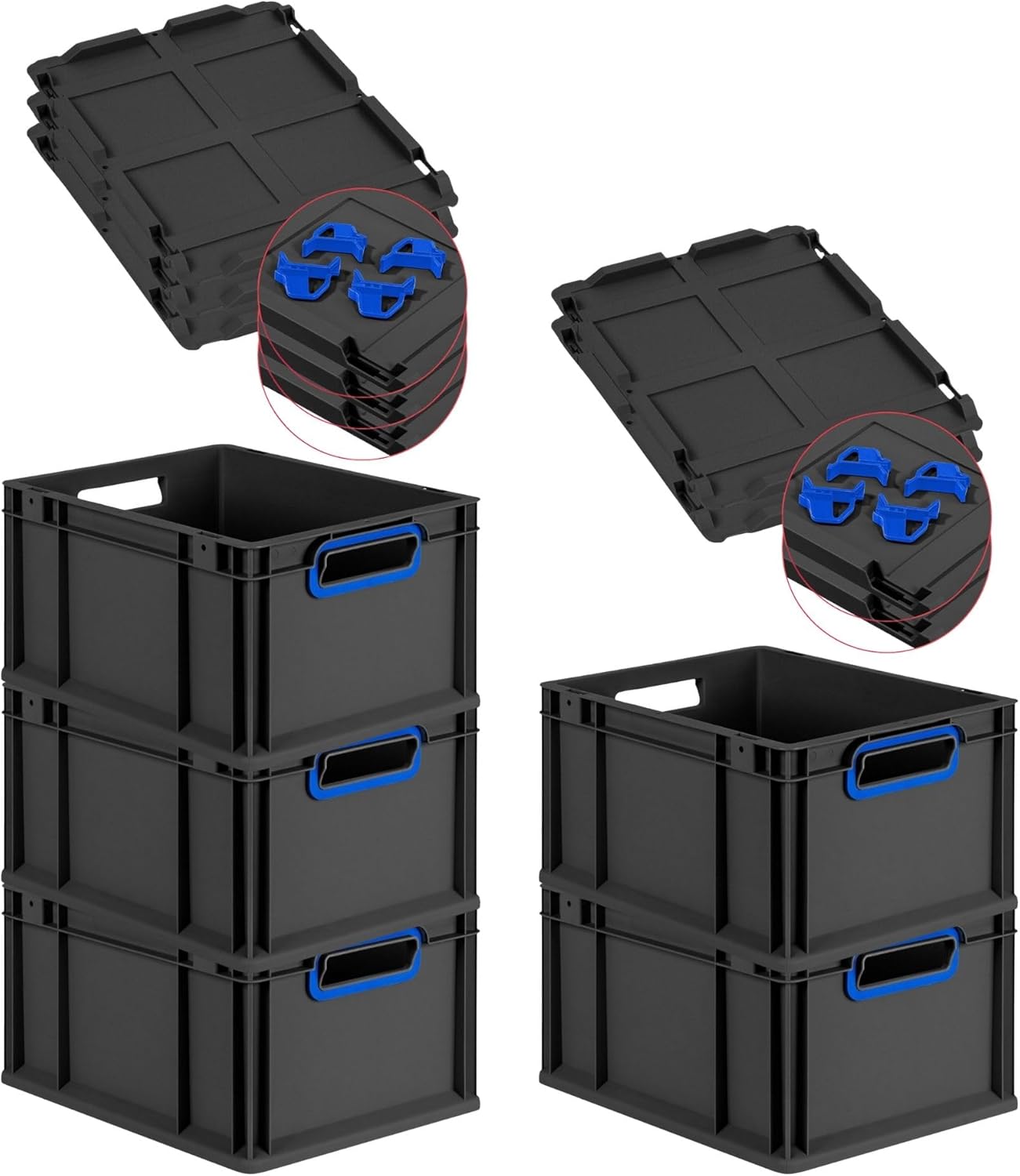 PROREGAL Economy Set of 5 Eurobox NextGen Colour with Lid and Sliding Snap Fasteners, H x W x D 22 x 30 x 40 cm, 20 L, Black, Closed Handles, Euro Container, Transport Box, Transport Container